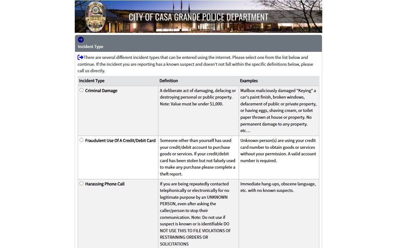 Casa Grande CopLogic online reporting system