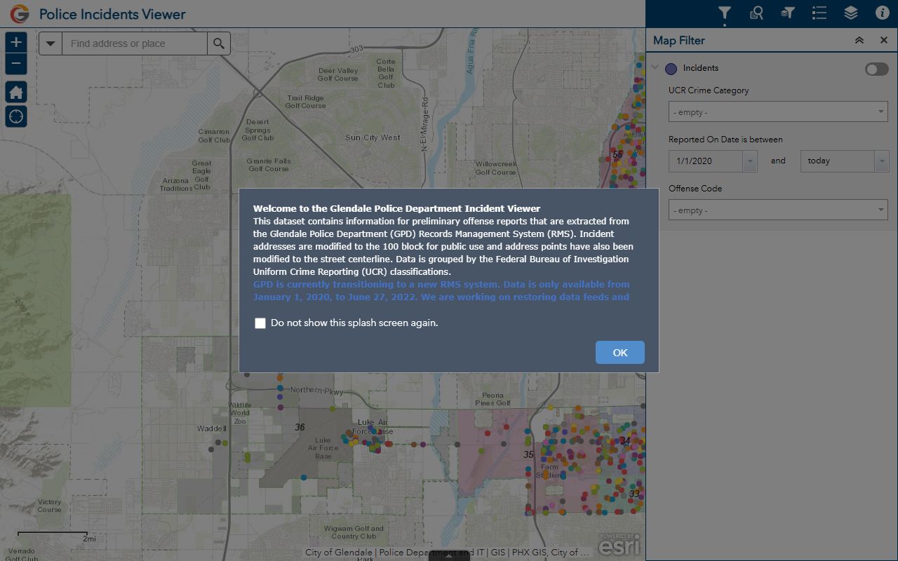 Glendale interactive crime map showing police blotter activity