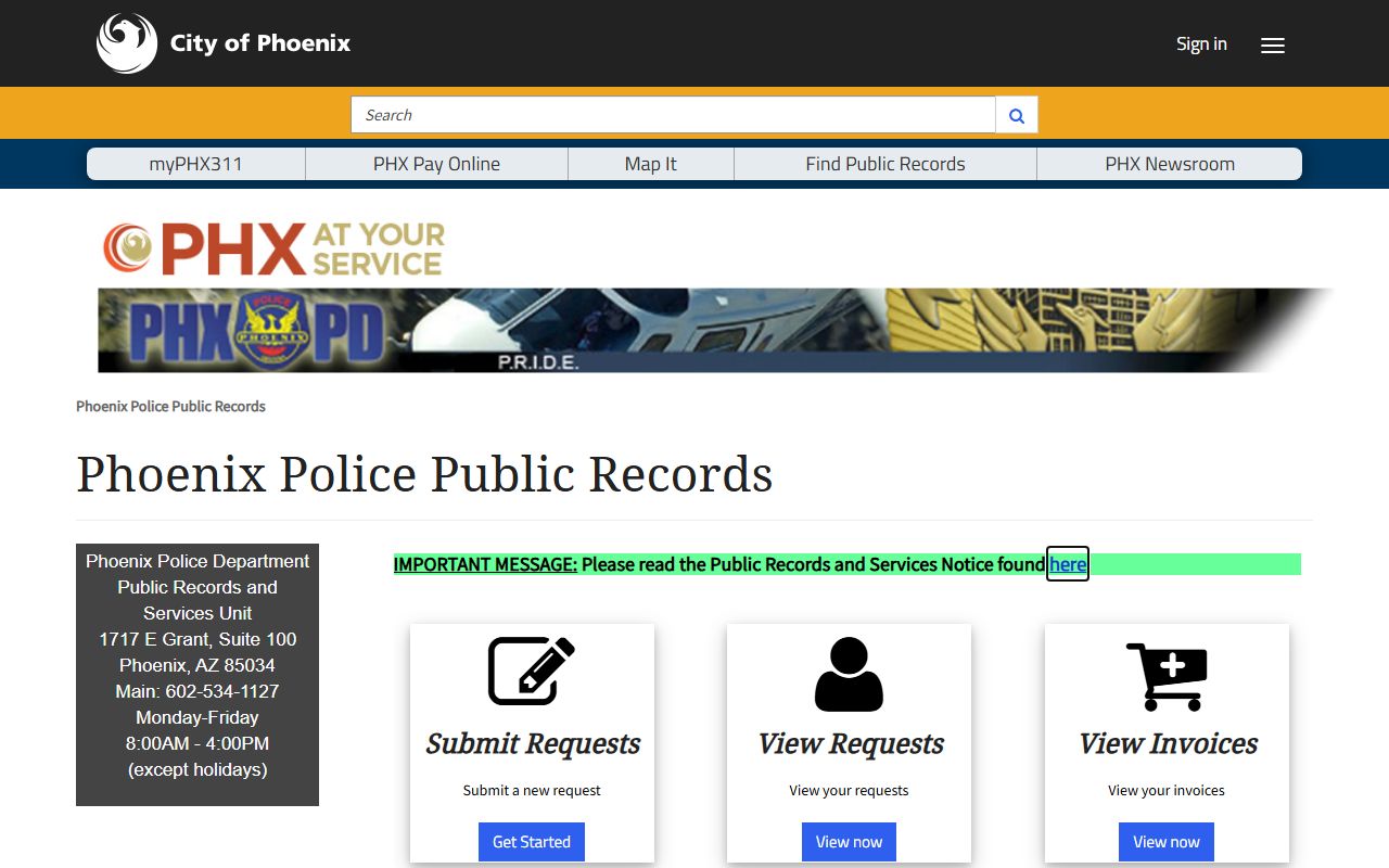 Phoenix Public Safety records portal for online police blotter requests