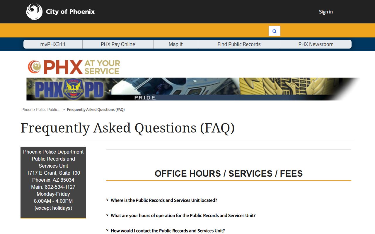 Phoenix records portal FAQs page
