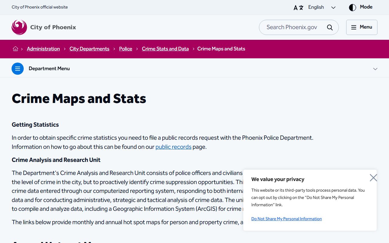 Phoenix crime statistics and maps page