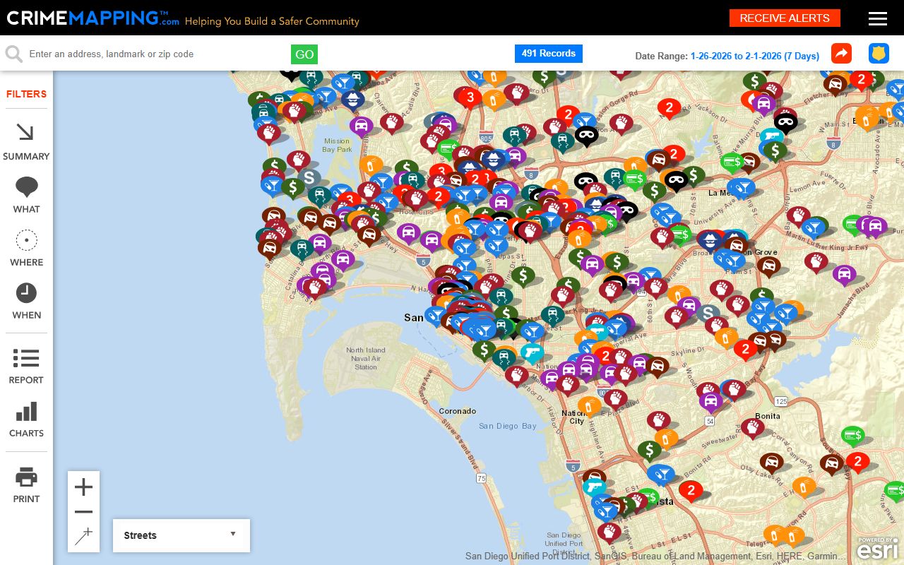 CrimeMapping.com showing Surprise police blotter activity