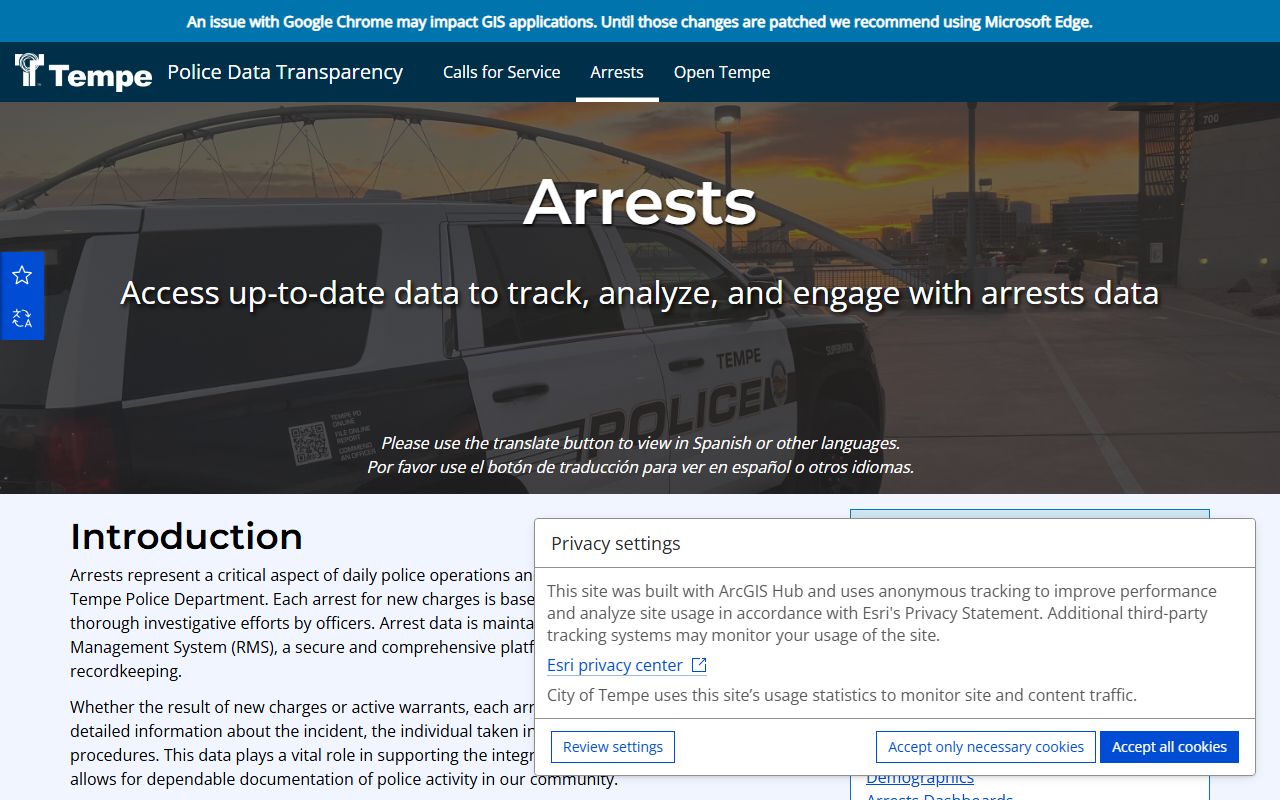 Tempe Police Data Hub showing arrest statistics