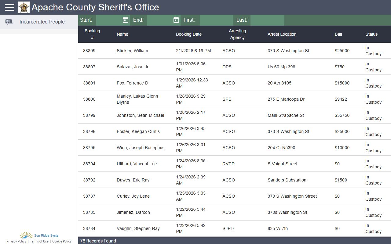 Apache County CitizenRIMS inmate search portal for police blotter lookups