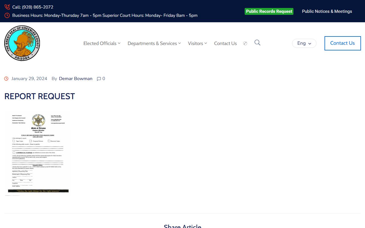 Greenlee County records request page for police blotter copies