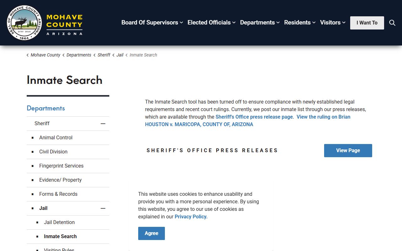 Mohave County inmate search information page