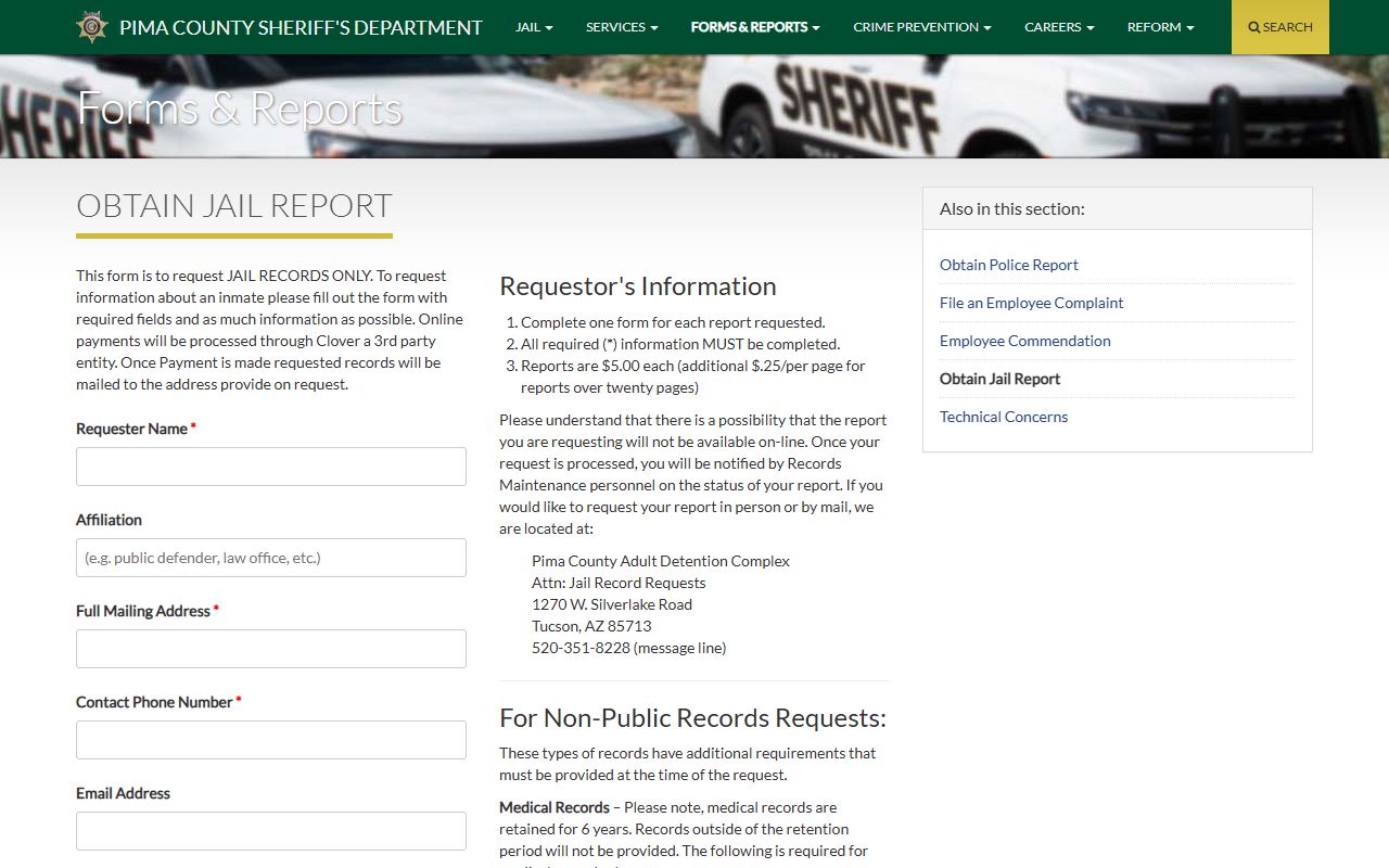 Pima County jail records request information