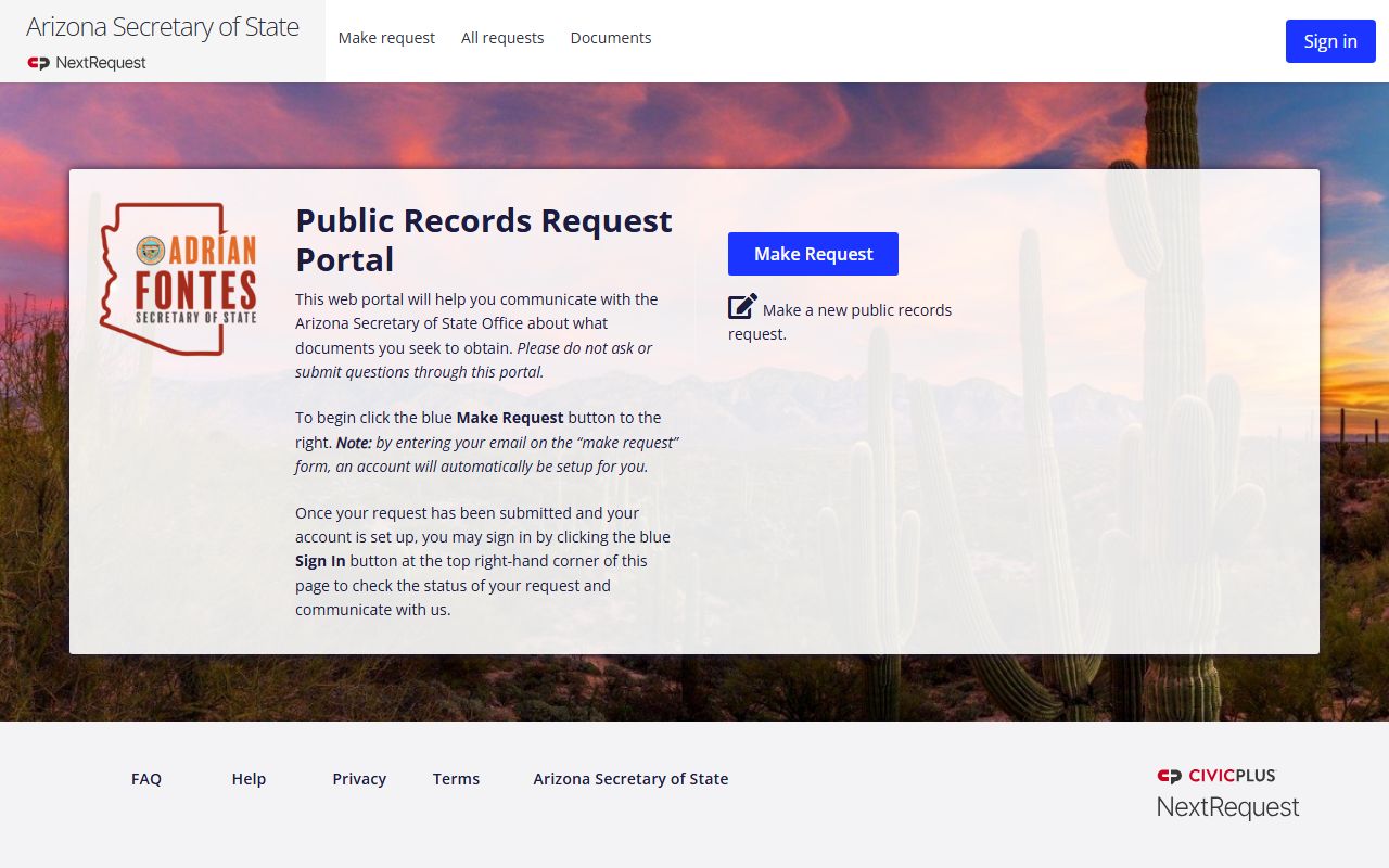 Arizona Secretary of State public records information page